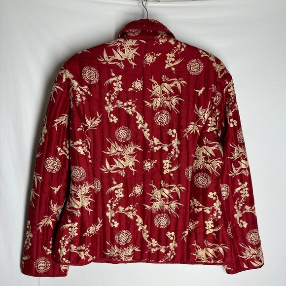 CAROLE LITTLE Womens Mandarin Print Blazer Jacket Size L Red Silk Button Down - Picture 2 of 8
